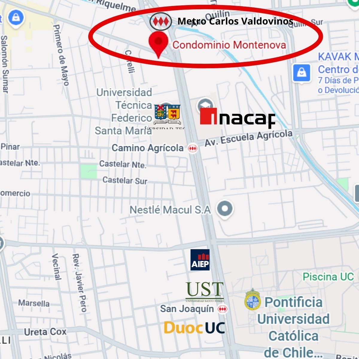 Mapa con el edificio, el metro y las universidades cercanas